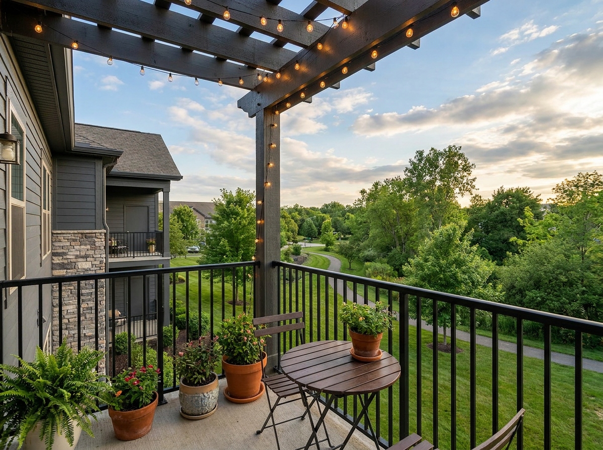 AI-generated concept rendering of a private second-floor balcony with bistro seating, string lights, and a view over the grounds at The Legacy at Richland Commons