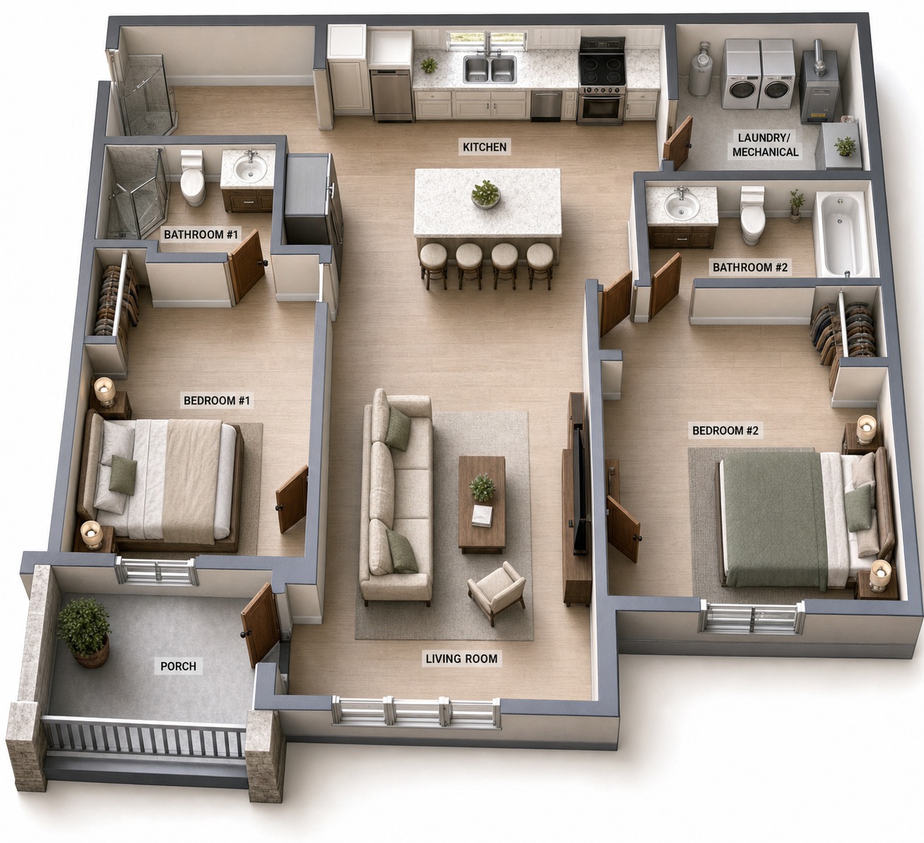 Three-dimensional dollhouse rendering of The Legacy at Richland Commons Type B floor plan, showing the furnished apartment from an angled overhead view with bedrooms, bathrooms, kitchen, living room, laundry and mechanical room, and covered porch