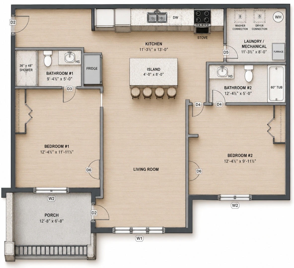 Two-dimensional Type B floor plan of The Legacy at Richland Commons showing the split-bedroom layout, open kitchen with island, living room, two full bathrooms, laundry and mechanical room, and covered porch, with room dimensions labeled