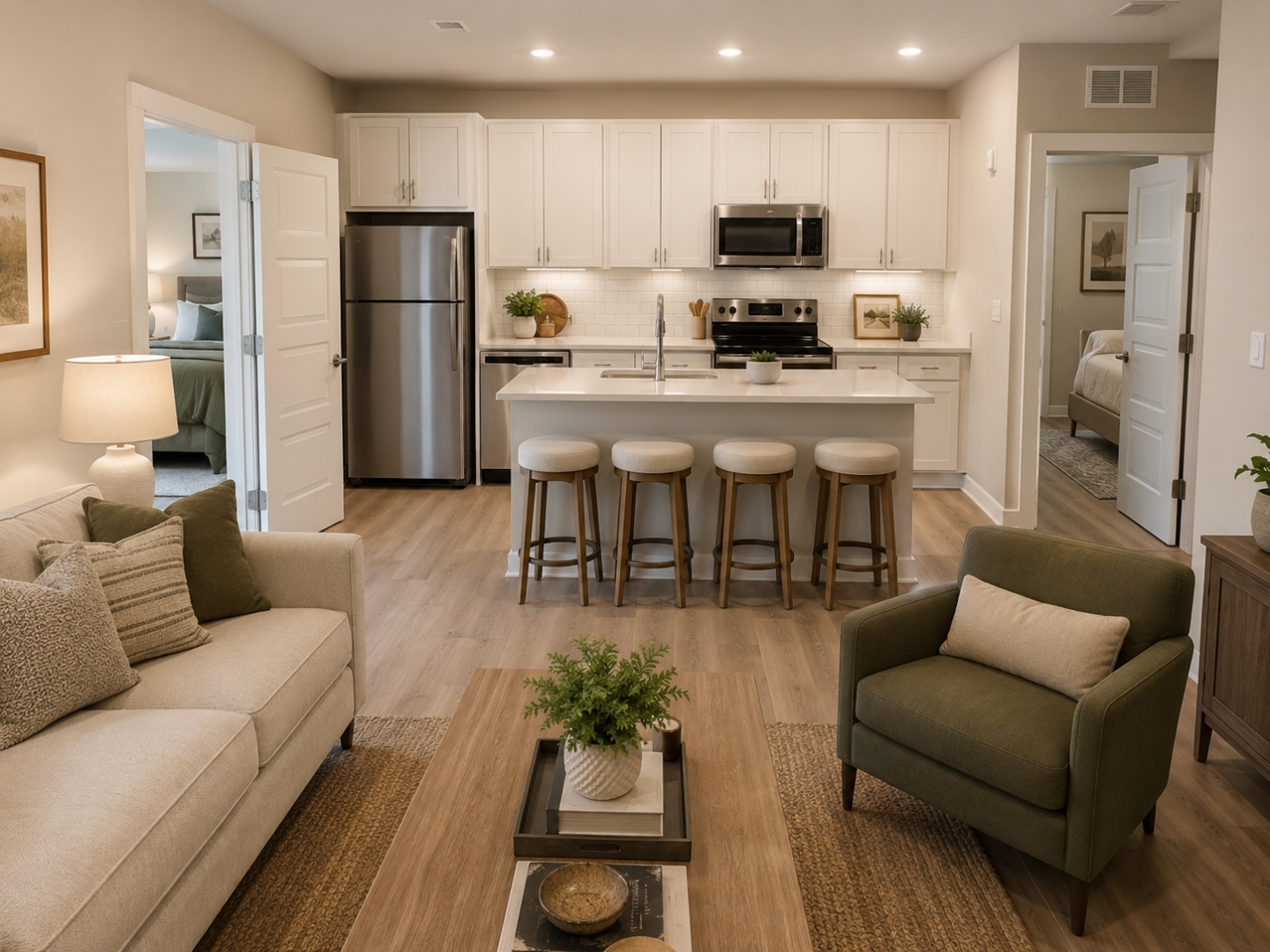 AI-generated concept rendering of the open kitchen and living area with island seating for four at The Legacy at Richland Commons