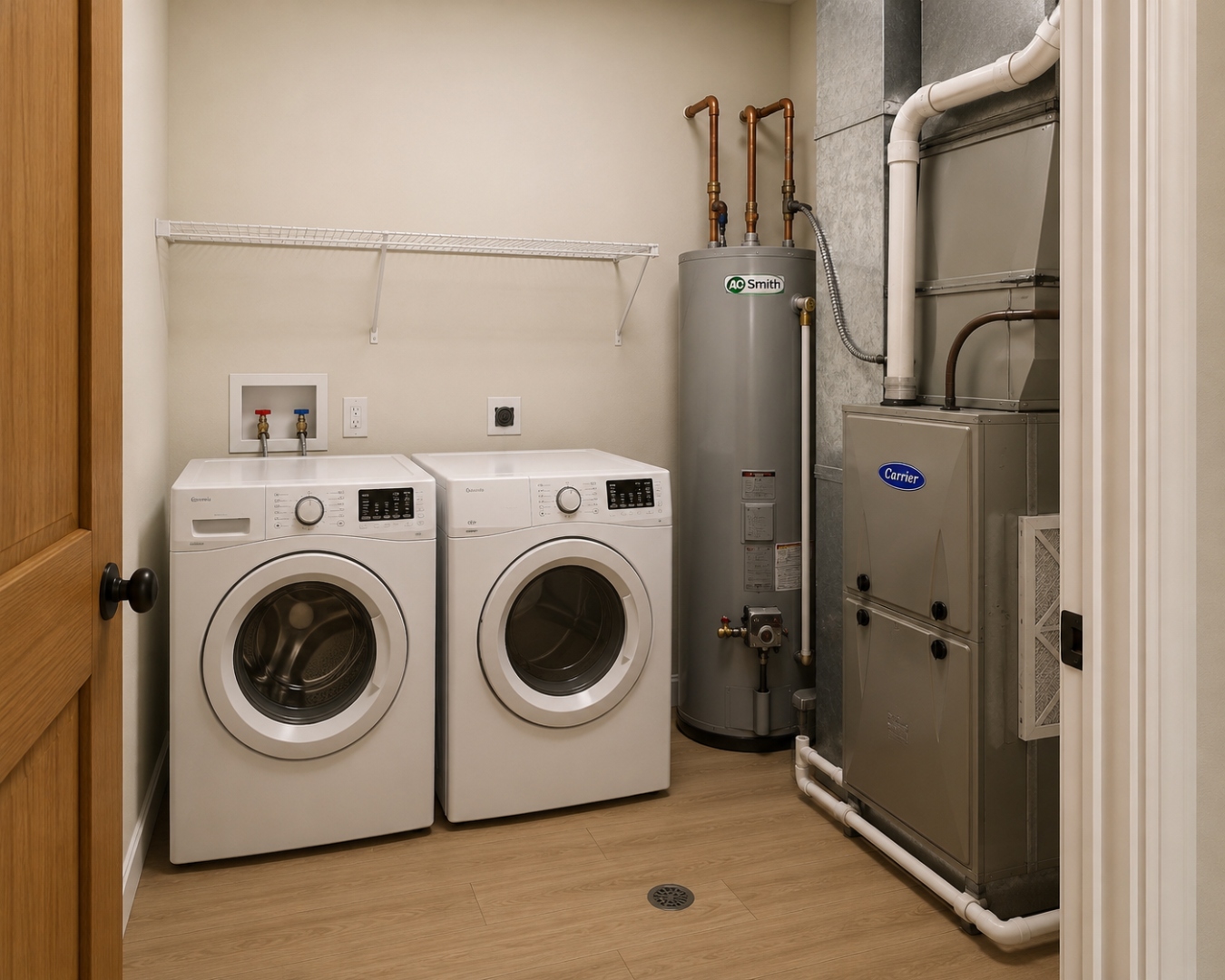 AI-generated concept rendering of the dedicated in-unit laundry and mechanical room with side-by-side washer and dryer connections, water heater, and furnace at The Legacy at Richland Commons