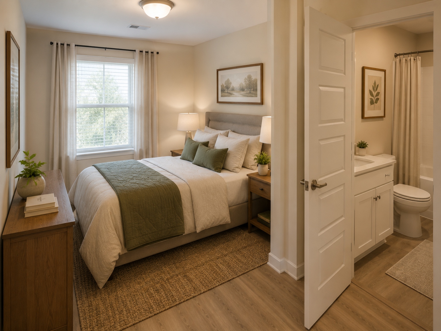 AI-generated concept rendering of the primary bedroom with en-suite bathroom access at The Legacy at Richland Commons