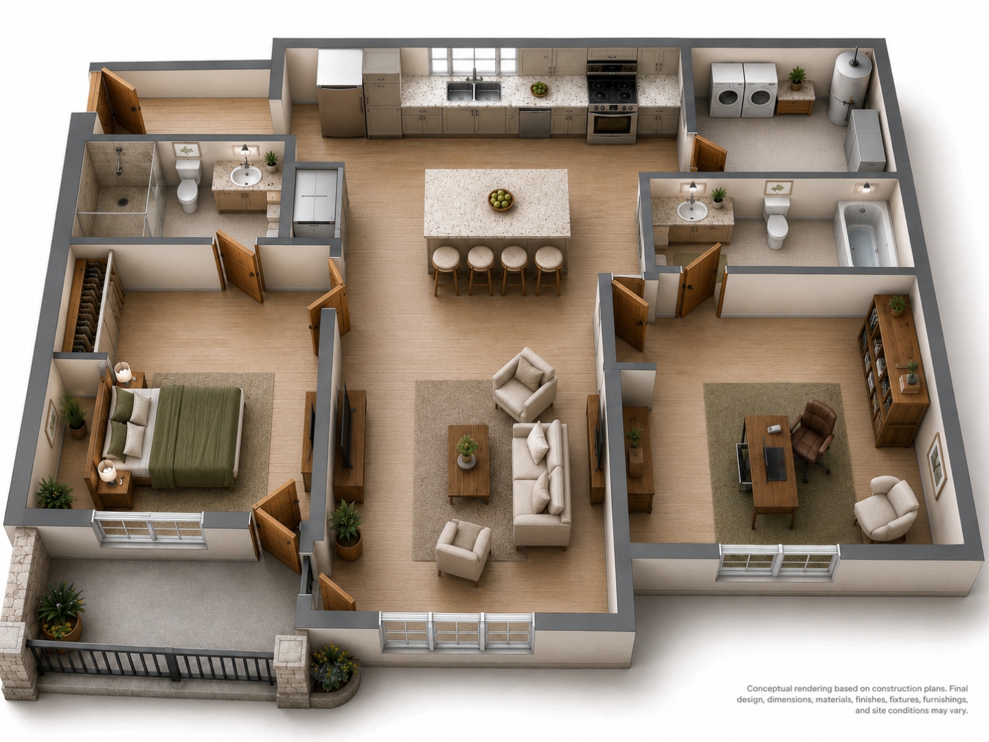 AI-generated concept floor plan rendering of The Legacy at Richland Commons showing the second bedroom furnished as a home office with desk, chair, and bookshelf